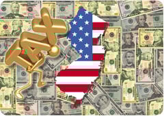 Map of New Jersey with American flag and dollars illustration